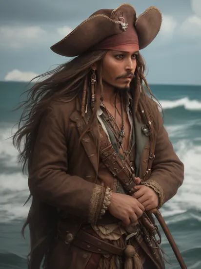 80s, masterpiece, (photorealistic:1.5), best quality, beautiful lighting, real life,
jack sparrow, solo, long hair, brown hair, long sleeves, 1boy, hat, weapon, male focus, outdoors, facial hair, ocean, beard, watercraft
, intricate, high detail, sharp focus, dramatic, beautiful girl , (RAW photo, 8k uhd, film grain), caustics, subsurface scattering, reflections

