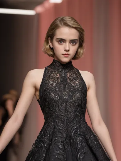 KiernanShipka, glamour photograph, supermodel, wearing (postmodern colorful high-fashion architectural structural dress:1.2), walking on the ramp at fashion show, subtle dim lighting, intricate detailed face (rendered glossy eyes), perfectly composed, upper body, intricate details, serious look, ((black background)), pose, modelshoot, RAW, analog, Nikon 75mm f1.2,   