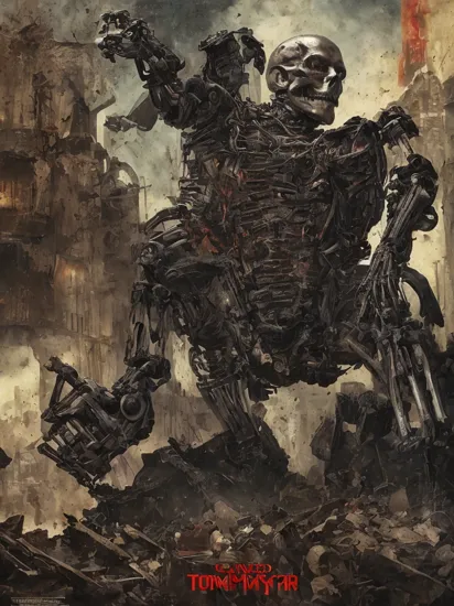 painted poster of a manufactured sheen chromium-plated metal terminator skeleton cyborg, shiny metal bones, bald, lighting red eyes, heavy machine gun, dynamic pose, rubble, ruins, crushed skulls, burst of bullets, at night, by Renato Casaro, by Robert E. McGinnis, visible brushstrokes, film noir aesthetic, (masterful but extremely beautiful:1.4), (masterpiece, best quality:1.4), (movie poster:1.5), low light, dramatic lighting, deep shadows, high contrast, fine art photography, cinematic atmosphere, ultra detailed,  