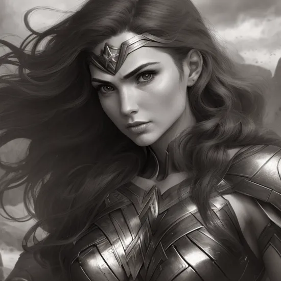 gorgeous wonder woman ,mean battle look, flowing hair, 8k , hdr, detailed,intricate design, tiny details,black and white, grey tones, sepia, geometric shapes, high contrast, dark environment, shadows, masterpiece, beautiful eyes, perfect jawline