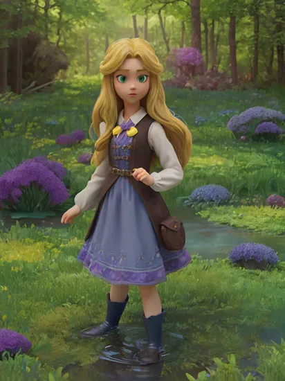(rapunzel:1), tangled,  (standing in water:1.2), (adventure outfit:1.5), (white blouse, black vest with dark purple stitching, dark purple skirt), (long hair, blonde hair, green eyes:1), (loose hair:1.5),  ((green eyes)), (dress:1), (long dress),  cartoony facial features, large round eyes, blonde hair, (realistic:1.2),  (masterpiece:1.2), (full-body-shot:1),(Cowboy-shot:1.2), green grass, dandelions,  light particles, magical forest background, neon lighting, dark romantic lighting, (highly detailed:1.2),(detailed face:1.2), (gradients), colorful, detailed eyes, (detailed landscape:1.2), (natural lighting:1.2),(detailed background),detailed landscape, (dynamic pose:1.2), close shot, solo,     