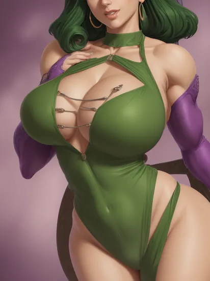 she hulk(marvel) ,large breasts, ShSuit, purple one-piece, swimsuit, belt, bracer, earrings ,cleavage, (insanely detailed, beautiful detailed face, masterpiece, best quality) 