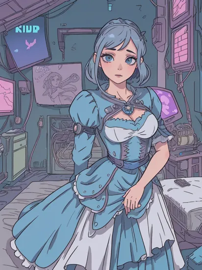 1girl, (Cinderella),cyberpunk, (nsfw:0.5), high quality fingers, normal hands, detailed fingers,masterpiece, (cyberpunk bedroom:1.4), (realistic, photo-realistic:1.37), medium breast, small waist, beautiful face, perfect illumination,(robot joints:0.5), ((mechanical parts:1)), asymmetrical hair, beautiful detailed eyes, looking at viewer, detailed hairstyle, detailed background,  (princess dress:1.34)    
