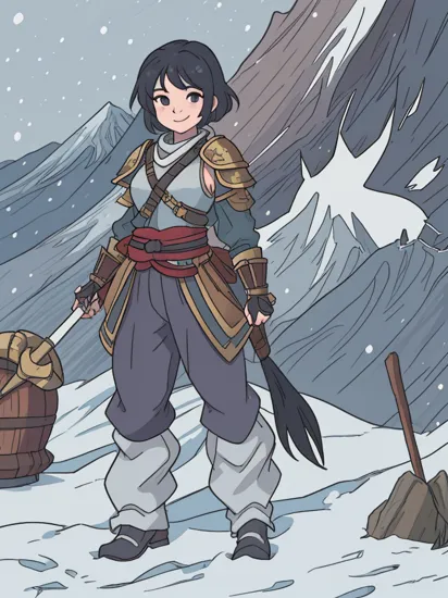 Mulan,black eyes,armor, helmet, shoulder armor, pauldrons, pants, looking at viewer, smiling, full body shot, standing, outside, mountain, snow, snowing, overcast, village, high quality, masterpiece,   