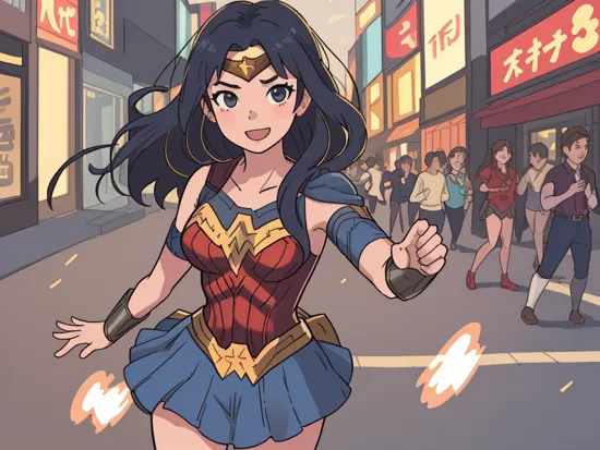 DC movies,photo of a 18 year old girl,wonder woman,clapping hands,happy,outdoor,windy,on the street,tokyo,ray tracing,detail shadow,shot on Fujifilm X-T4,85mm f1.2,sharp focus,depth of field,blurry background,bokeh,lens flare,motion blur,,