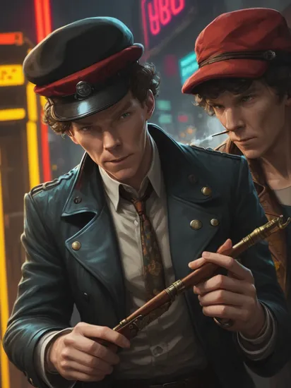 Benedict Cumberbatch as Sherlock Holmes in Cyberpunk 2077, deerstalker hat, smoking pipe,  Cyberpunk, cyborg, neon colors, dark, gritty, in the style of Vincent Van Goh