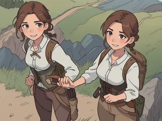 Katniss Everdeen, 30 years old, light brown hair, braid, tall, in hiking clothes, on a mountain, with a backpack, red lipstick, tight cloth leggings, corset, cleavage, mesh, updo, ((medium breasts)), small thighs, small hips, long legs ((very skinny)), smirk, thin eyebrows
 , 8K  jflw, (establishing shot:1.5)
