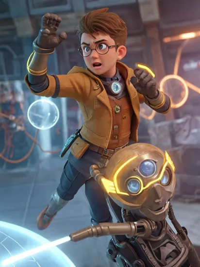 (GS-Masculine:1), (1boy), hero pose, tan glowing skin, freckles, depth of field, dynamic angles, , (cyber punk style:1.2), harry potter, the wizarding world, cybernetic circular glasses, power flowing through his body