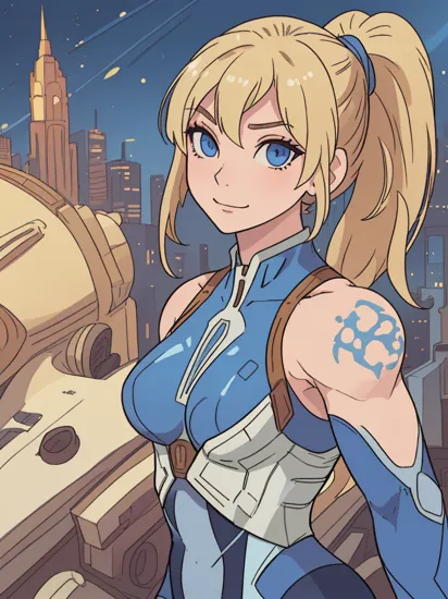 1girl, solo, samus aran, highly detailed eyes, intricate details, blue eyes, blonde hair, ponytail, upper body,(zero suit), looking at viewer, closed mouth, seductive smile, ((muscular female)), cityscape