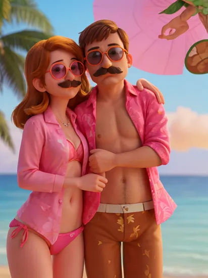Woody1024, ((mustache)), sunglasses, (wearing pink aloha shirt), (bare chest) , on beach, farwest, enjoying the sunset, with a bikini girl, busty bikini girl hugging woody1024, duo selfie pose,
next to each other, detailed eyes, highly detailed, photography, ultra sharp, film, bokeh, professional, 4k   