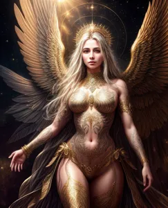 Full-body shot, descending pose, (golden lighting, heavily tattooed angel with wings ), (majestic and powerful), (intricate and meaningful tattoos), (sparkling and divine), (high-quality, 4K resolution, HDR), (dramatic and awe-inspiring), (fantasy art), (by Alex Grey, Filip Leu, Guy Aitchison), (with a serene expression:1. 1), (against a heavenly background, clouds and light beams), (graceful and elegant:1. 1), (peaceful and divine aura:1. 1). , Angelic Face, Very Beautiful features, (sparkling and divine), (graceful and elegant:1. 1), (peaceful and divine aura:1. 1). , 16k, UHD, HDR10, 16K, ((Masterpiece)), <lora:add_detail:0.4> <lora:epi_noiseoffset2:0.4> <lora:hairdetailer:0.6> <lora:more_details:0.3> <lora:add-detail-xl:1.2> <lora:DetailedEyes_V3:1.2> <lora:sd_xl_offset_example-lora_1.0:1.2>
