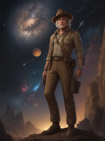 space-themed bobcat goldthwait as indiana jones painting by frank frazetta, highly detailed, high quality, 8 k, realistic face, path traced , a girl named  named Berkley , Old Web , digital _ painting _ of _ larry david statue _ by _ filipe _ pagliuso _ and _ justin _ gerard _ symmetric _ fantasy _ highly _ detailed _ realistic _ intricate _ port  . cosmic, celestial, stars, galaxies, nebulas, planets, science fiction, highly detailed