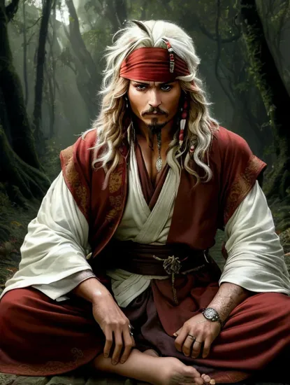 Johnny Depp, Meditative shinobi @JohnnyDepp, ((white wild hair)), deep in thought, seated in a tranquil forest, ((red monk robes)), surrounded by falling leaves, bandaged hands resting on knees, the calm before the storm of an impending battle, a serene yet formidable presence.