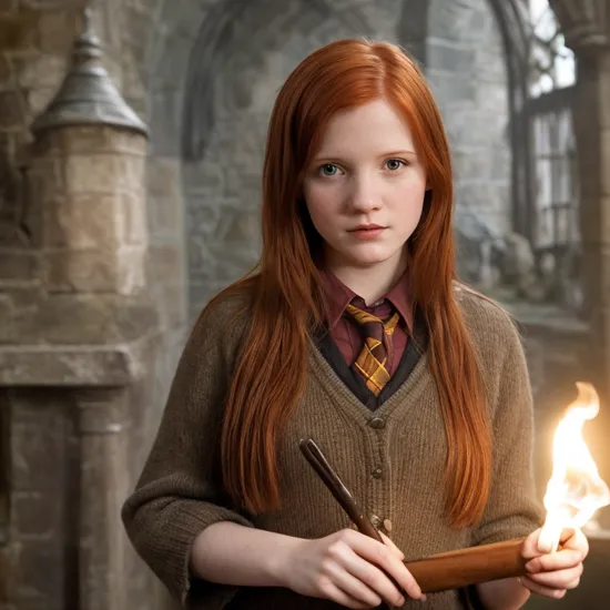 a photo of ginny weasley, ohwx woman, holding a wand, Harry Potter, in Hogwarts 