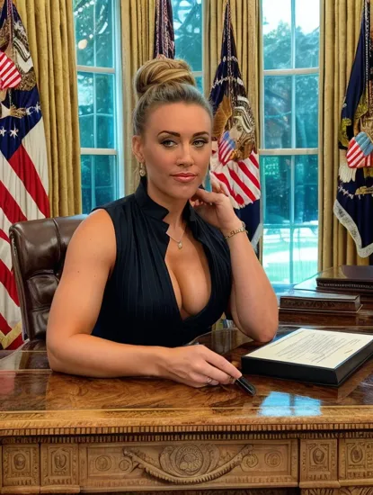 @Laura is the president of the United States. sitting in the oval office at her desk. Her hair is pulled up tight in a bun.