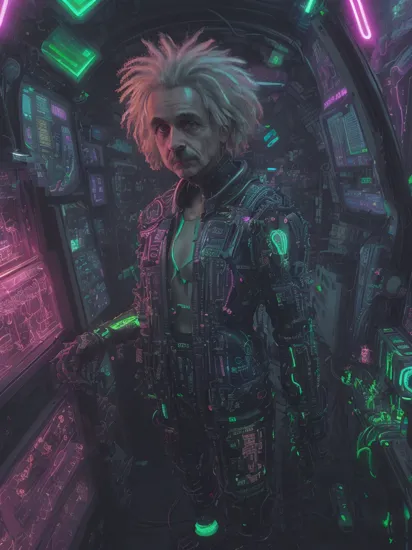 In the heart of a neon-soaked dystopian laboratory,  a cyberpunk android,  its face an eerily perfect recreation of (Albert Einstein's),  stands encased within a translucent tube. The eerie,  mirrored surfaces of the lab's alien machinery reflect the android's lifelike appearance. Futuristic alien hardware,  adorned with intricate circuitry and otherworldly glyphs,  hums with an otherworldly energy,  framing this uncanny fusion of human and machine.