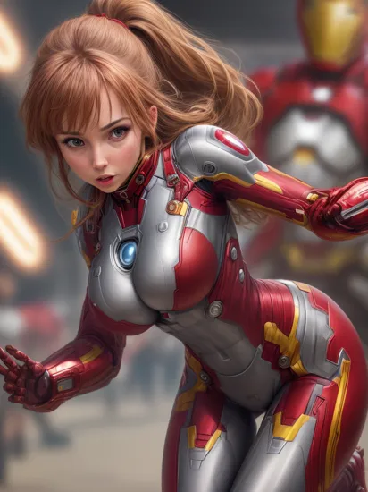 extremely detailed photo of a woman wearing iron man suit, lorachloe, large breasts, wide hips, 8k UHD, RAW photography, action shot