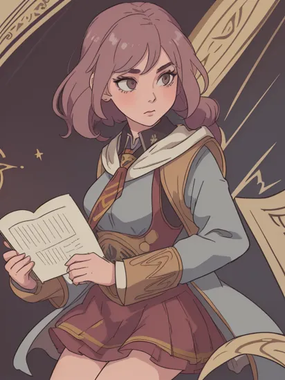 A stunning digital painting of (sks woman:1.2),masterpiece, best quality, high detailed, (As Hermione Granger, create an immersive scene set in the Hogwarts library. Her school uniform detailed right down to the Gryffindor tie, she pours over ancient magical tomes, her wand aglow with the soft light of a reading spell. The grandeur of the library and her intense concentration make this an 8K quality masterpiece of a true scholar.:1.5),(Full, voluminous fake lashes with glittery eye shadow and a glossy lip. This look adds a touch of glamor to the overall appearance.:1.2),(Arms crossed behind the back pose1.1),(in the style of Roger Dean:1.2),(A pair of bold, retro-inspired sunglasses that shield her eyes from the sun while simultaneously adding a touch of glamour to her overall look.:1.2),(Low ponytail with feather hair accessory: A low ponytail wrapped with a delicate feather hair accessory, giving a soft and feminine feel to the look.:1.2),epic fantasy character art, concept art, fantasy art, a character portrait, fantasy art, vibrant high contrast,trending on ArtStation, dramatic lighting, ambient occlusion, volumetric lighting, emotional, Deviant-art, hyper detailed illustration, 8k, gorgeous lighting, ,vamptech,fit body, athletic body, (dark skin:1.1) <lyco:locon_brett_v2_from_v1_64_32:1.3>