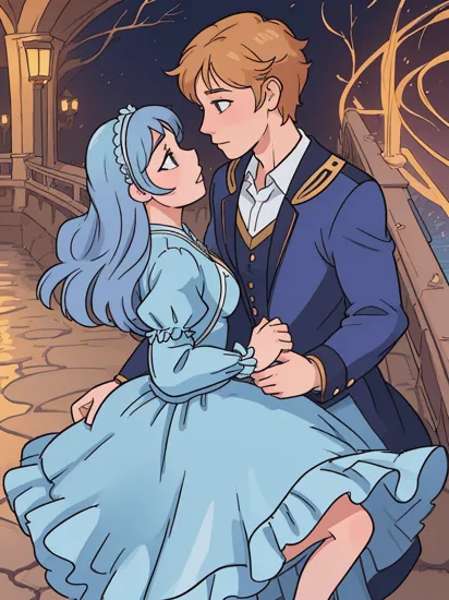 ((SFW)), 4K, UHD, Extremely detailed (comic art by Ron Embleton),  
Cinderella  and Prince Charming, a romantic kiss on a bridge over a river
 
