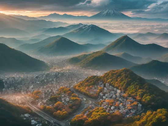 japan nature landscape, aerial view, drone photography, cinematic, mountains and tokyo city, cinematic view, epic sky, detailed, low angle, high detail, warm lighting, volumetric, godrays, vivid, beautiful, by jordan grimmer, huge scene, sunrays, Fujifilm GFX 50S