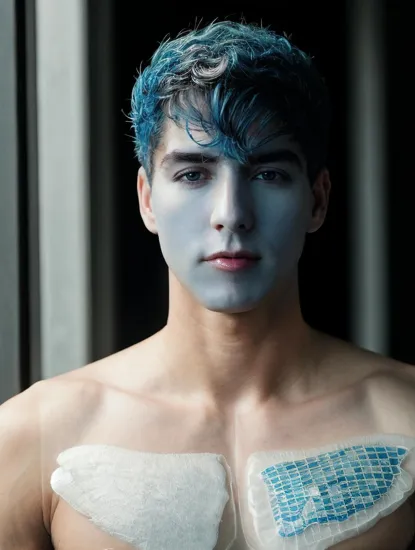 @Baby with blue tinted skin and morpho butterfly patterns on his face. He wears a futuristic chrome body suit 