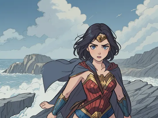 Wonder Woman standing tall on a cliff overlooking a vast landscape. Her cape billows in the wind., far view, dynamic angle., hyper realistic, cinematic, vivid lighting, , , (highres, highly detailed:1.1), aesthetic, masterpiece