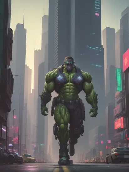 Cyberpunk Hulk walking in a cyberpunk street, walking pose, Hulk with cyborg parts and (helmet) and neon tattoos, futuristic city, high towers and buildings, ((masterpiece)), high details, highly detailed, high contrast, sunset lighting, high contrast, photo realistic, cars with neon lights in background, high resolution, highres, hires, raw photo, cinematic