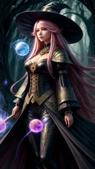 hyper detailed masterpiece, dynamic, awesome quality, female witch, light pink long hair, wearing witch hat, oracle Weaving conjuring shaped like Amorphous of nickel blue lava celestial and illusion magic, Perfect Hands, character look into on hands, lighting spheres flying near to character, she is standing straight, high highlights , a low shadows.