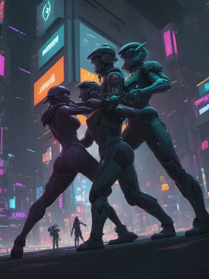 low-poly style Two people, Cortana and Master Chief dancing together in a colorful cyberpunk city, reimagined in a cyberpunk universe, cyberpunk cityscape, cyberpunk, cyberpunk style, glowing neon light, detailed background, masterpiece, best quality, high quality, absurdres, vivid  . low-poly game art, polygon mesh, jagged, blocky, wireframe edges, centered composition