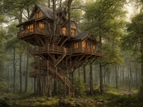 tree house in the forest, atmospheric, hyper realistic, epic composition, cinematic, landscape vista photography, 16K resolution, detailed landscape painting