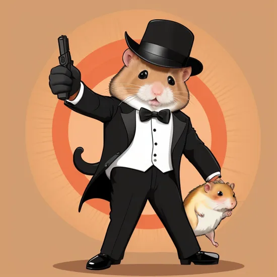  mascot logo of an {hamster dressed as james bond, 007, secret agent, pointing pistol at the viewer}