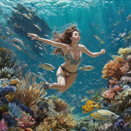 Lady diver among fishs, floral background, in the style of Studio Ghibli, beautiful incredibly detailed composite, sharp lines, clear focus, dramatic lighting, Glimmering epic composition, sharp contours, graphic details, colors, geometric filigree in style. Underwater Photography by David Doubilet, Brian Skerry, George Lucas (Star Wars, Indiana Jones), oil painting, strong strokes, dripping paint , art by Adrian Ghenie 