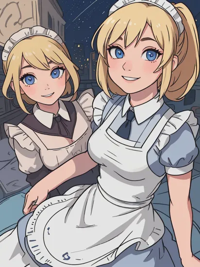 1girl, solo, samus aran, (highly detailed eyes), detailed face, ((round pupils)), intricate details, (blue eyes), (blonde hair), ponytail, (((realistic))), looking at viewer, smile, happy, ((portrait)), small breasts, (((upper body))), (((maid))), (pants), ((cartoon)), ((sketch)), soft lighting, cityscape, night, arms behind back, wassnonam-12800