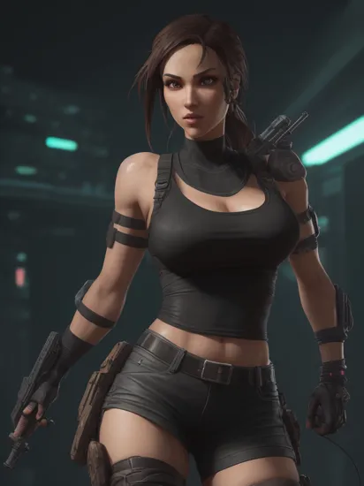 low-poly style Lara Croft, (reimagined in a cyberpunk universe), (cyberpunk style), (cyberpunk), (cyberpunk outfit), (punk hair), augmentation, cybernetics, glowing neon lights, cinematic scene, hero view, action pose, masterpiece, best quality, high quality, absurdres, vivid  . low-poly game art, polygon mesh, jagged, blocky, wireframe edges, centered composition