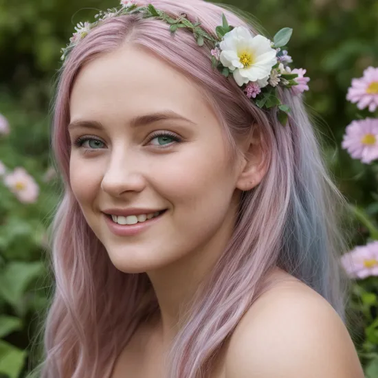 Beautiful portrait photography of a young woman in her garden, flower in her hair, gradient blue - pink hair, green eyes, smiling, ultra realistic, professional shot, beautiful, realistic, 4k, ultra detailed, intricate