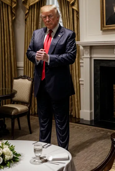 Distinguished man Donald Trump, sharp beard, tailored suit, poised with hand on chin, contemplative look, fine dining setting with a glass of white wine, intimate ambiance with warm, inviting lighting, captures an essence of sophistication and quiet reflection.