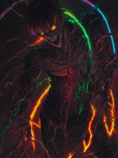 Light yagami, L death note, L from death note, light yagami from deathy note, ultra detailed anime, high res anime, high quality, (from above:1.3), Ryuk deathnote, running pose, death note style, oozing thick rainbow blood, (male body:1.3), 1 man, vascular networks growing, connecting, explanding, rainbow veins everywhere, sharp focus, rainbow bloody veins growing and intertwining out of the darkness, oozing thick neon rainbow blood, veins growing and pumping blood, neon spider web, (nailed wire, dark glass skin, rainbow glass skin:1.5), springtrap suite, latex pants, blood on face, ultra realistic, eye blood, the death of a population, dread, unknown fear, enormous beings, hand painting, (masterpiece, realistic painting), yellow plantes, glowing neon tissues, the fear of Cthulhu, realistic photography, ultra realistic, biomechinical, biomachines, ((hnsrdlf style)), detailed reflections, dark atmosphere, gothic art, futuristic, realistic blood, realistic reflections, RTX graphic, HDR, ultra detailed, real blood, detailed sky, glowing rainbow teeth, glowing mouth, nuclear explosion, best quality, high resolution, extremely detailed, detailed background, perfect lighting, (colorful, vivid color:1.4), (satanic cross:1.1), (Infrared:1.2), glowing border, symmetric, (electronic aura:1.1), kratos, perfect hands, divine body, ((green aura, dragon ball aura, lightnings)), long hair