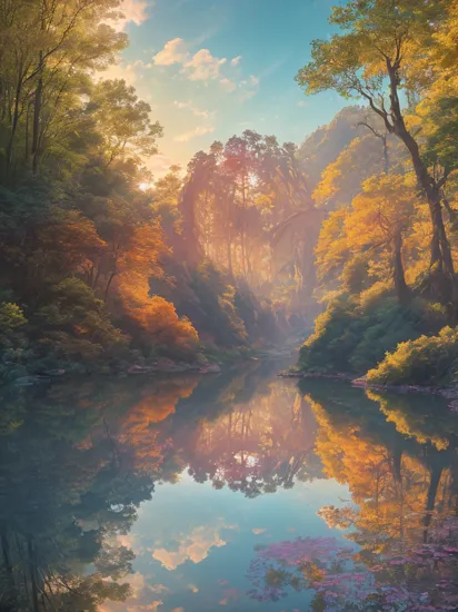 A breathtaking landscape, hyper detailed art nouveau photography incredible detailed beautiful ultrawide angle masterpiece dream depth perspective joyful happy bright natural colours low angle view, arch in the forest reflections lake clearing sunrise dramatic sky, by kilian eng with natural volumetric light morning light and shadows, smooth, sharp focus, octane render 4 k, ultra high definition, by g