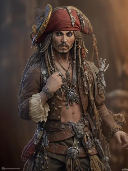 (premium playset toy box), (Intricate:1.4), (masterpiece, best quality, ultra detailed, absurdres),  (action figure box:1.4),
(inboxDollPlaySetQuiron style:1.3), the  (Captain Jack Sparrow (Pirates of the Caribbean): Jack Sparrow's dreadlocked hair, tattered pirate attire, and charismatic swagger make him a fun and recognizable cosplay choice.:1.2),     (toy playset pack),
