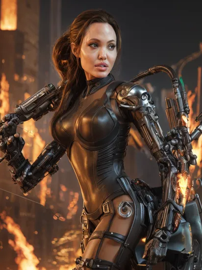 cinematic photo , ( angelina jolie as    cyberpunk  Katniss Everdeen from hunger games)  with rusty and damage  cybernetic arm,   cyberpunk style,  dynamic posture , a robot uprising against their human creators,   (ai artwork by Quiron:0.1),  neon light,  night,  super detailed, 8k, high quality, trending art, trending on artstation,   (SteelHeartQuiron character, Sorayama Style, chrome armor), 
 