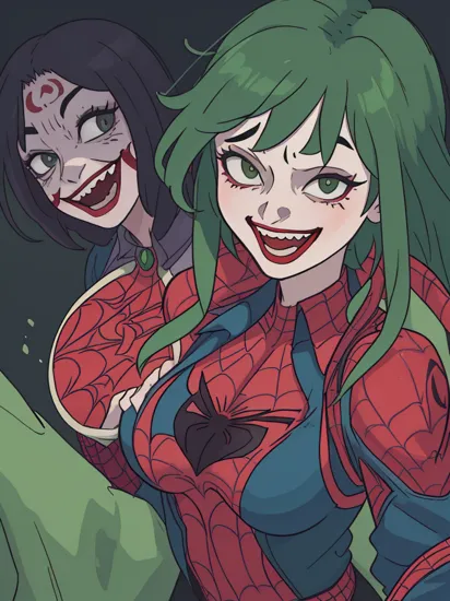 (joker) as (spider man), 1girl, long green hair, large breast, official art, unity 8k wallpaper, ultra detailed, aesthetic, masterpiece, best quality, photorealistic, dark theme   crazy smile, (open mouth) waist up