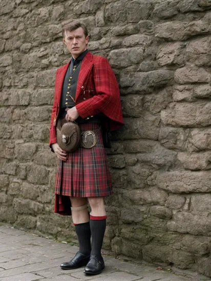 award winning portrait photo of a friendly looking sirsean, , (in traditional scottish red and black with long kilt outfit:1.1), standing against a stone wall, observing the scene, (James Bond haircut:1), (photorealistic:1.2), award winning composition, professional cover photography, dynamic pose, (highly detailed skin:1.3), 8k uhd, dslr, film grain, Fujifilm XT3, insane details, in background Dublin market place 1983