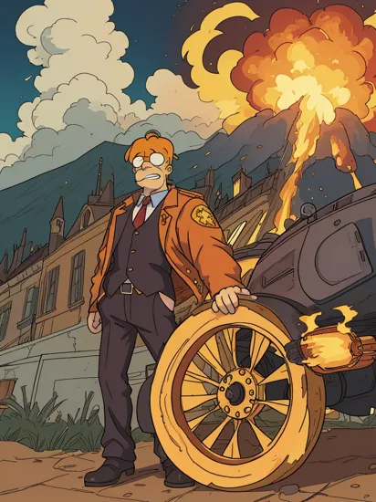 homer simpson looking at the viewer while an explosion occurs in the background,grin,absurdres,best quality,masterpiece,anime,cell shaded,intricate linework,scene from hellsing