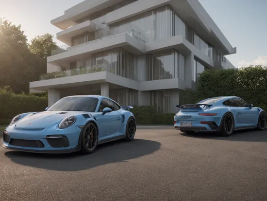 a night blue Porsche 911 GT3 RS Turbo with light blue racing stripes, the number plate spelling ( R A C E R 9 1 1 ), parked in front of a hyper modern esteemed mansion with futuristic architectural features , (photorealistic:1.4), (perfect composition, perfect pose, photography:1.55), dramatic angle, lens flare, (chromatic aberration:1.1), (caustics:1.1), highly detailed, cinematic lighting, Soft natural lighting, evening light,  hyper detailed, elaborate, high quality, masterpiece ,ray tracing, 8k, UHD, absurdres, 
