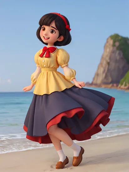 Female character, fair skin, black bobbed hair with a red bow, brown eyes, wearing a blue blouse with puffy sleeves and a high white collar, yellow floor-length skirt, smiling, close up photo, , ocean, sand, sun, Snow White,