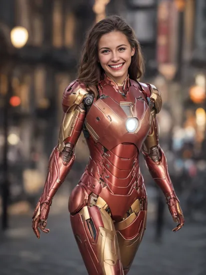 (8k, RAW photo:1.2),best quality, ultra high res, highly detailed,intricate detail,masterpiece,ultra-detailed,illustration,high res,soft light,
1 girl , (highly detailed upper body dressed as iron man),((show beautiful whole legs and side thigh)) ,medium breasts, (light brown hair:1), detailed face, cinematic,city, night, looking at viewer, muted colors, soft cinematic light, intricate detail, hyperdetail, masterpiece, hdr, sharp focus,  high quality, film grain,(smiling face:1.5)