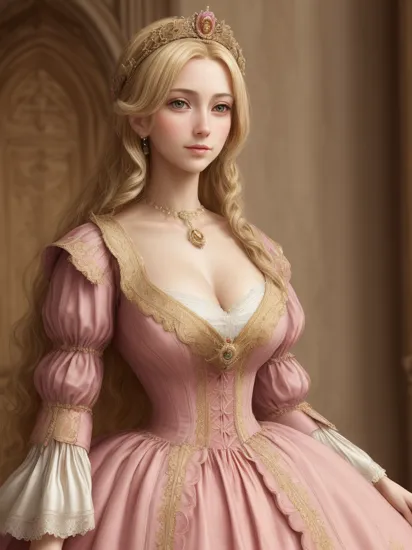 Highly detailed, High Quality, Masterpiece, beautiful, rapunzelwaifu  as spaniard noble lady in velazquezstyle, , oleo texture, upper body, queen, palace, ((renaissance clothing)),  kkw-ph1,  , solo, blonde hair, pink dress, hair over one eye, crown,
