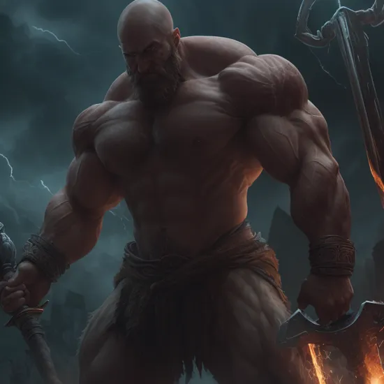 A highres (masterpiece:1.1) cinematic crystal clear picture and realistic detailed (dramatic side lighting:1.2) photo of an extremely muscular bodybuilder bald man,  wielding a humongous steel (thunder battlehammer:1.2) mace|macro lens focus. Both arms up shouting, furious kratos god of war, (barbarian:1.1), , (blue lightning strikes:1.1), (very dark environment:1.2), (flaming:1.1) cemetery with graves and tombstones, (glowing:1.1) red eyes, 