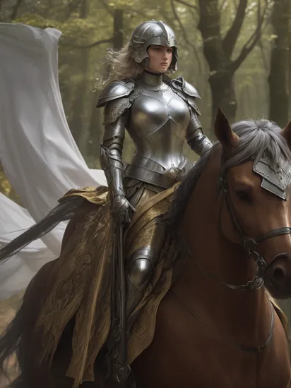 an awarded profesional photo of Joan of Arc: Dressed in shining silver armor, Joan appears almost ethereal as she leads her troops into battle. Her short, golden curls peek out from under her helmet, lending a touch of femininity to her otherwise formidable appearance. Her eyes, bright and unwavering, reflect her unwavering faith in her divine mission. She carries a white and gold banner, symbolizing her spiritual guidance and the purity of her cause., ultradetailed, intricated face,(face details:1.1),perfect eyes, ideal body posture,perfect body proportions, by jeremy mann, by sandra chevrier, by maciej kuciara,(masterpiece:1.2),(ultradetailed:1.1), ultrasharp, (perfect, body:1.1),(realistic:1.3),(real shadow:1.2),3photo Fujifilm XT3, ,(perfect body proportions:1.1)<lyco:GoodHands-beta2:1>, intricated hands,(by Michelangelo),(profesional lights:1.3) (profesional photography:1.3),in Emberwood Grove: A mysterious and ancient forest that seems to be constantly ablaze with golden-hued leaves. The trees emit a soft, warm glow, giving the entire forest an ethereal appearance., cowboy shot (character focus:1.1), depth of field