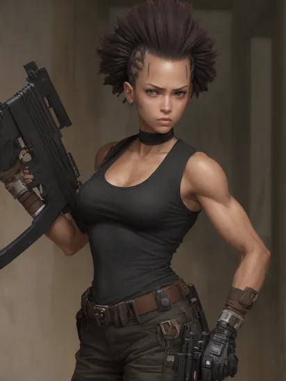 (full height:1.3), a beautiful (ohwx woman:1.1) withAs Sarah Connor from The Terminator series, wearing a black tank top, cargo pants, and combat boots, showcasing her muscular physique and determination as a fierce warrior. She stands in a post-apocalyptic setting, armed with a shotgun, her steely gaze focused on the looming threat of the machines., inspired by Krenz Cushart, neoism, kawacy, wlop, gits anime,A daring mohawk with twisted Bantu knots lining the center crest, while the sides are smoothly shaved., 